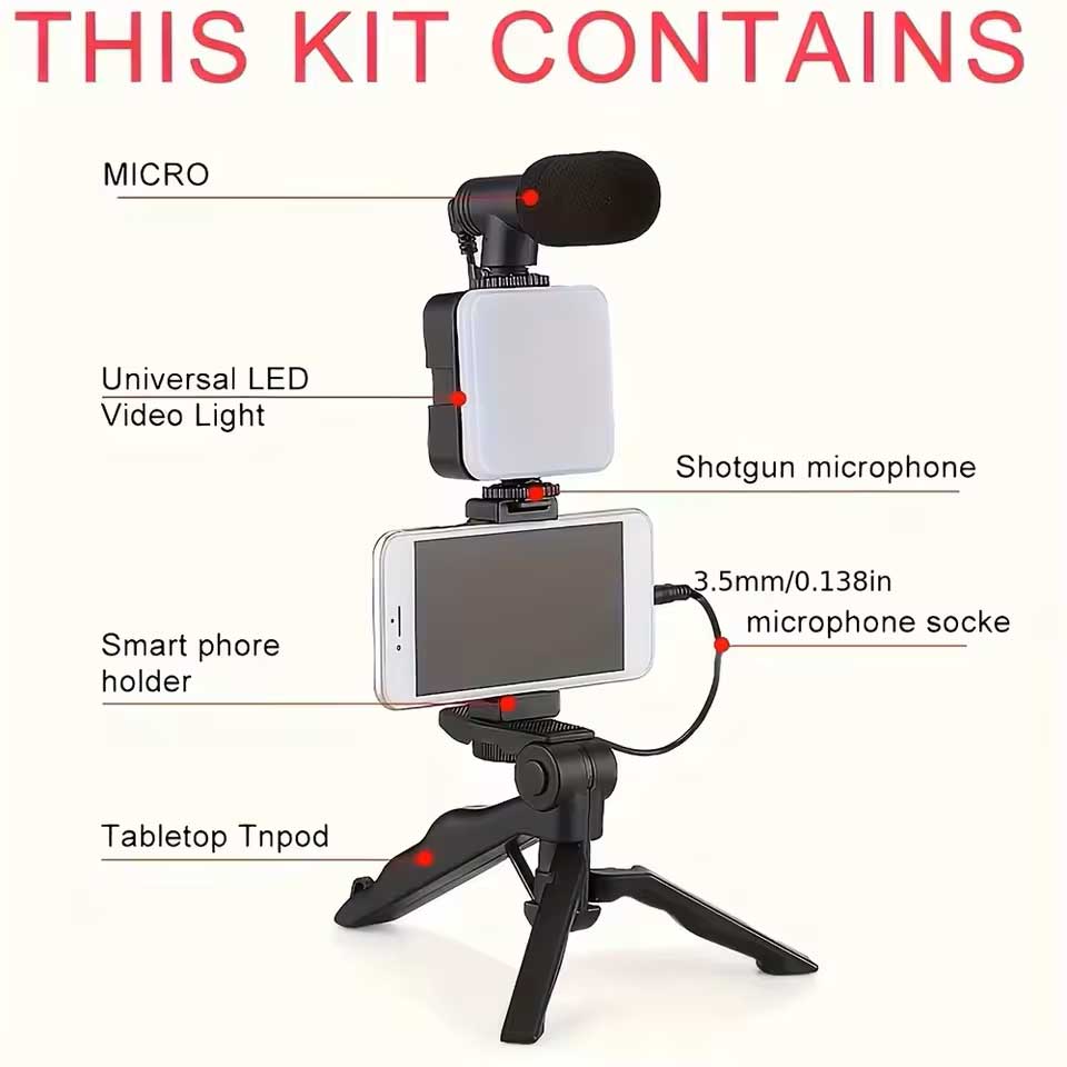 Smartphone Vlogging Kit With Tripod Phone Holder Mini Microphone LED