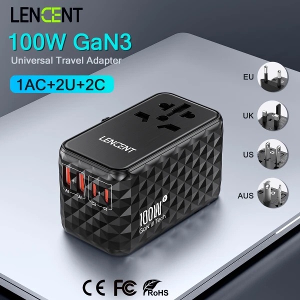 100W GaN Universal Travel Adapter with 2 USB-A+2 Type C Support PD3.0, QC4 Fast Charging EU/UK/USA/AUS Plug for Travel